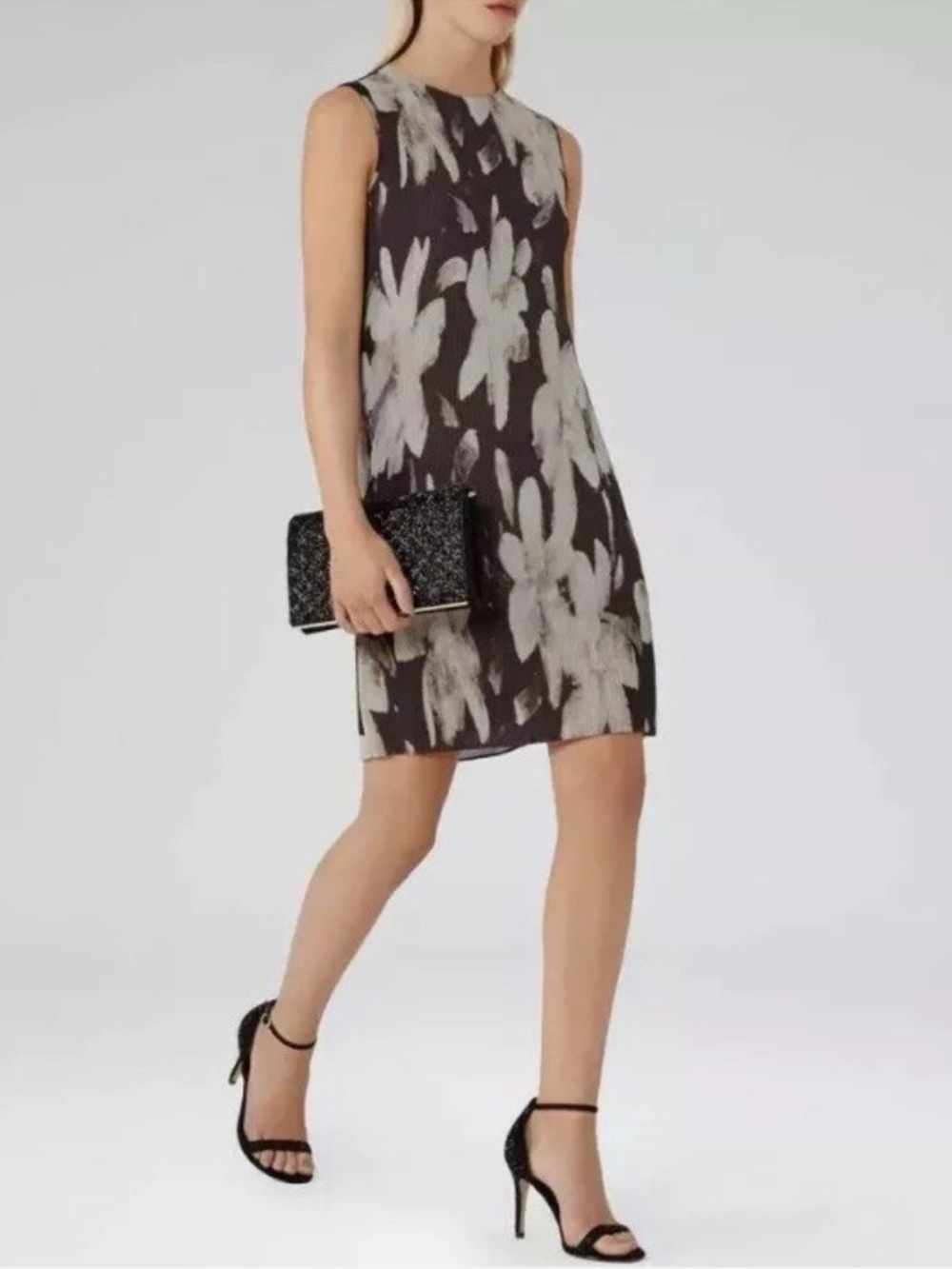 REISS Brown Beige Crinkle Front Floral Sleeveless Devan Lined Mini Dress Size 6